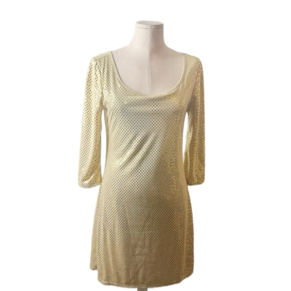 Express Gold Foil Dot Mini Dress Metallic Party Holiday Bodycon 3/4 Sleeve Small